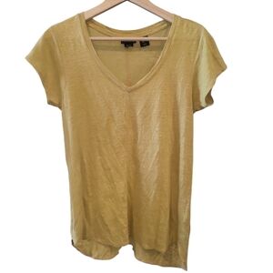 Tahari yellow t-shirt v-neck summer casual 100% linen